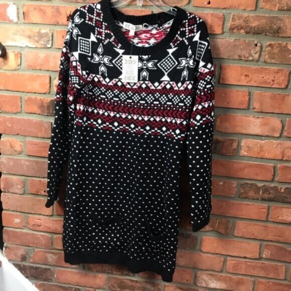 Pink Rose NEW Sweater Dress Tunic Pockets Print Knit Soft Nordic Style Large Red - Picture 3 of 15